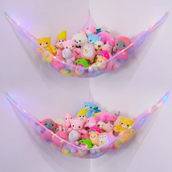 Picture of Basumee Stuffed Animals Net or Hammock with LED Light Hanging Toy Net Hammock for Stuffed Animals Storage Stuff Animals Hammocks for Nursery Kids Room with Remote Control, 8 Kinds of Lights(Pack of 2)