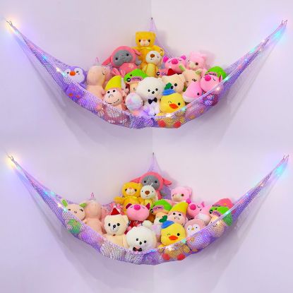 Picture of Basumee Stuffed Animals Net or Hammock with LED Light Hanging Toy Net Hammock for Stuffed Animals Storage Stuff Animals Hammocks for Nursery Kids Room with Remote Control, 8 Kinds of Lights(Pack of 2)