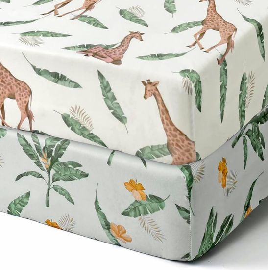 Picture of BROLEX 2 Pack Mini Crib Sheets, Stretchy Portable Fitted Playard Sheet Set, Convertible Playard Mattress Cover, Ultra Soft Breathable Material, Giraffe Leaf