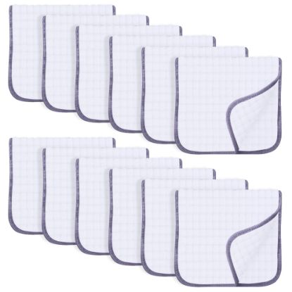 Picture of SWEET DOLPHIN 12 Pack Muslin Burp Cloths Large 100% Cotton Hand Washcloths for Baby - Baby Essentials Extra Absorbent and Soft Boys & Girls Milk Spit Up Rags for Newborn Registry - Grey Trim, 20" X10"