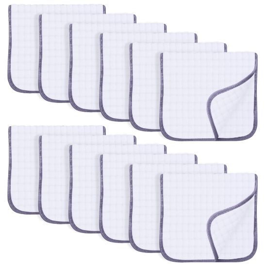 Picture of SWEET DOLPHIN 12 Pack Muslin Burp Cloths Large 100% Cotton Hand Washcloths for Baby - Baby Essentials Extra Absorbent and Soft Boys & Girls Milk Spit Up Rags for Newborn Registry - Grey Trim, 20" X10"