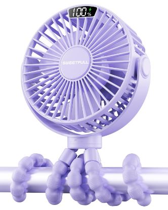 Picture of SWEETFULL Portable Stroller Fan with Display 4000mAh Battery Powered Mini Clip On Fan, 4-Speed Rechargeable Small Personal Cooling for Baby Car Seat Crib Travel - Purple