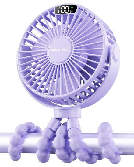 Picture of SWEETFULL Portable Stroller Fan with Display 4000mAh Battery Powered Mini Clip On Fan, 4-Speed Rechargeable Small Personal Cooling for Baby Car Seat Crib Travel - Purple