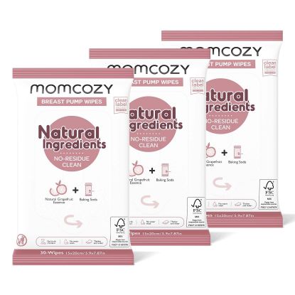 Picture of Momcozy Natural Breast Pump Wipes for Pump Parts Cleaning On-the-go, 30 Count (Pack of 3), Flash Clean & Resealable Pump Wipes