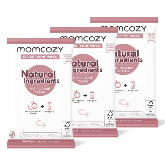 Picture of Momcozy Natural Breast Pump Wipes for Pump Parts Cleaning On-the-go, 30 Count (Pack of 3), Flash Clean & Resealable Pump Wipes