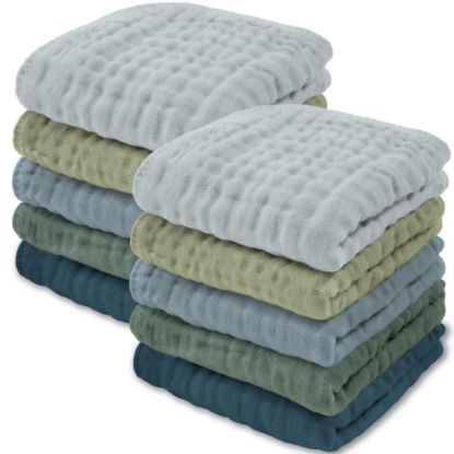 Picture of Comfy Cubs Muslin Baby Washcloths 10 Pack - Soft 6-Layer Cotton Wash Cloths for Sensitive Skin - 10"x10" Large, Gentle, Absorbent Infant Essentials for Newborn and Toddlers - (Multi Boy)