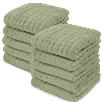 Picture of Comfy Cubs Muslin Baby Washcloths 10 Pack - Soft 6-Layer Cotton Wash Cloths for Sensitive Skin - 10"x10" Large, Gentle, Absorbent Infant Essentials for Newborn and Toddlers - (Sage)