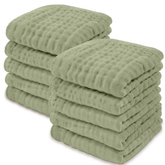 Picture of Comfy Cubs Muslin Baby Washcloths 10 Pack - Soft 6-Layer Cotton Wash Cloths for Sensitive Skin - 10"x10" Large, Gentle, Absorbent Infant Essentials for Newborn and Toddlers - (Sage)
