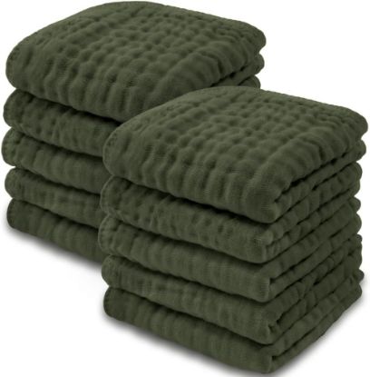 Picture of Comfy Cubs Muslin Baby Washcloths 10 Pack - Soft 6-Layer Cotton Wash Cloths for Sensitive Skin - 10"x10" Large, Gentle, Absorbent Infant Essentials for Newborn and Toddlers - (Kelp)