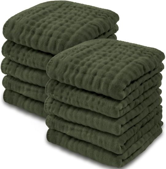 Picture of Comfy Cubs Muslin Baby Washcloths 10 Pack - Soft 6-Layer Cotton Wash Cloths for Sensitive Skin - 10"x10" Large, Gentle, Absorbent Infant Essentials for Newborn and Toddlers - (Kelp)