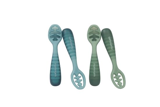 Picture of NumNum Baby Spoons Set, Baby Essentials Pre-Spoon GOOtensils for 12+ Months, First Stage Self-Feeding Spoons for Baby Led Weaning (BLW), Silicone Toddler Utensils, BPA-Free, 4 Pack Blue/Green