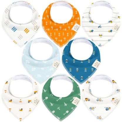 Picture of 8-Pack Organic Baby Bandana Bibs for Girls - Super Absorbent Triangle Baby Bibs for Drooling and Teething Infant, 100% Cotton Extra Soft for Newborn, Infant 0-36 Months (Builders)