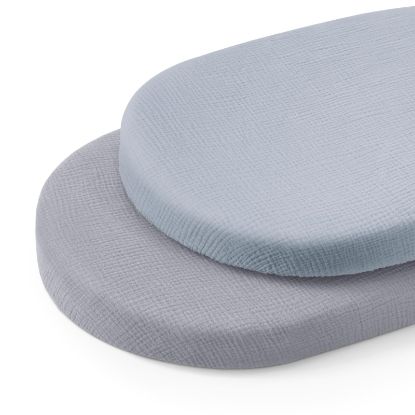 Picture of Blissful Diary Muslin Bassinet Sheets for Baby Girls Boys, Boho Soft Cotton Fitted for Oval Hourglass Rectangle Mattress, 2 Pack(Light Blue&Grey)