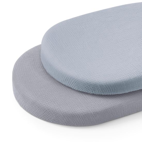 Picture of Blissful Diary Muslin Bassinet Sheets for Baby Girls Boys, Boho Soft Cotton Fitted for Oval Hourglass Rectangle Mattress, 2 Pack(Light Blue&Grey)