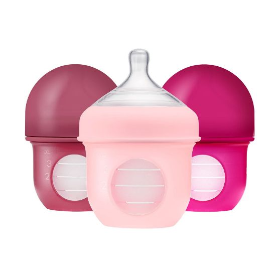 Picture of Boon Nursh Reusable Silicone Pouch Baby Bottles - Slow Flow Nipple - Silicone Baby Bottle Pouch and Nipple - Baby Feeding Essentials - Pink - 0-3 Months - 3 Count - 4 Ounce