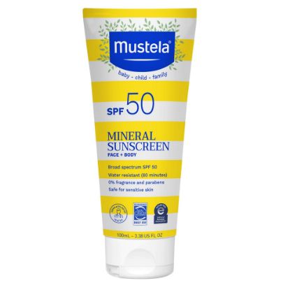 Picture of Mustela Baby Mineral Sunscreen Lotion SPF 50 Broad Spectrum - Face & Body Sun Lotion for Sensitive Skin - Water Resistant & Fragrance Free - Regular & Family Size