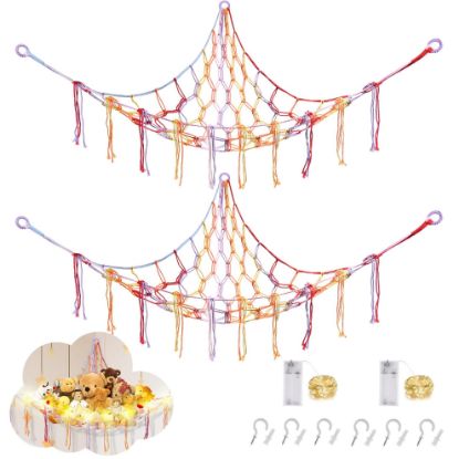 Picture of CERETIA Stuffed Animal Hammock with LED Light, 2 Packs Toy Hammock for Stuffed Animals Storage for Kids Room Decor, Stuffed Animal Hammock Corner, Rainbow