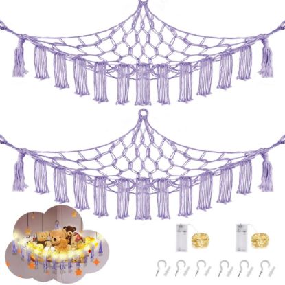 Picture of CERETIA Stuffed Animal Hammock with LED Light, 2 Pack Toy Hammock for Stuffed Animals Storage for Kids, Stuffed Animal Hammock Corner, Purple