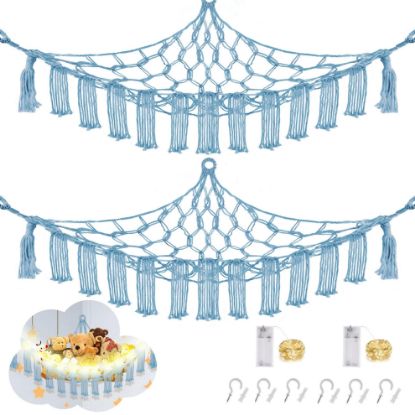Picture of CERETIA Stuffed Animal Hammock with LED Light, 2 Pack Toy Hammock for Stuffed Animals Storage for Kids, Stuffed Animal Hammock Corner, Baby Blue