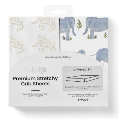Picture of TotAha Premium Stretchy Crib Sheets (2-Pack)-Hypoallergenic, Silky Comfort, Buttery Soft, Calming Effect, All-Season Jersey-Knit Sheets, 9'' Extra Deep Pocket (Belgian & Blue Painted Elephant)