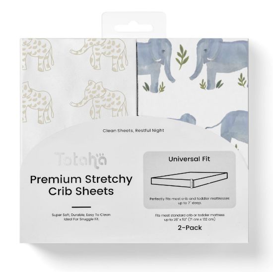 Picture of TotAha Premium Stretchy Crib Sheets (2-Pack)-Hypoallergenic, Silky Comfort, Buttery Soft, Calming Effect, All-Season Jersey-Knit Sheets, 9'' Extra Deep Pocket (Belgian & Blue Painted Elephant)