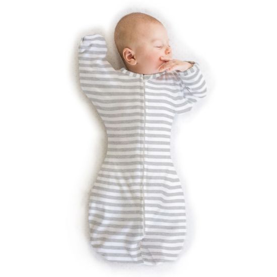 Picture of SwaddleDesigns Transitional Swaddle Sack, Arms Up Half-Length Sleeves & Mitten Cuffs, Swaddle for Newborn Transition to Baby Sleep Sack Wearable Blanket, 0-3 Month, 6-14 lb, Heathered Gray Stripes