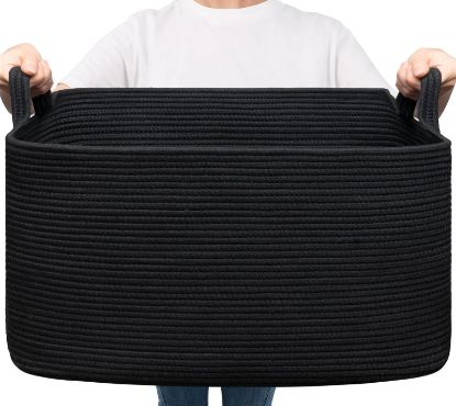 Picture of Goodpick Large Blanket Basket Living Room, 21.6" x 14.9" x 11.8" Woven Storage Basket for Blankets, Toys, Rectangle Rope Dirty Clothes Baskets for Nursery, Bedroom, Black