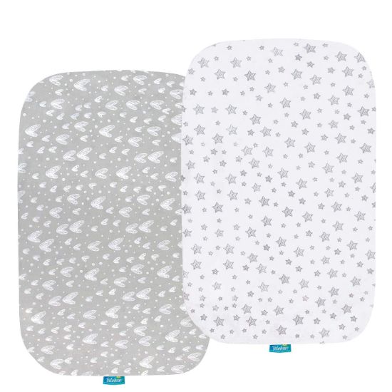 Picture of Bassinet Sheets Compatible with ANGELBLISS Baby Bassinet, Koolerthings (3 in 1) Baby Bassinet, Pamo Babe and Ihoming Bedside Bassinet, 2 Pack, 100% Jersey Cotton, Breathable and Soft, Grey Print