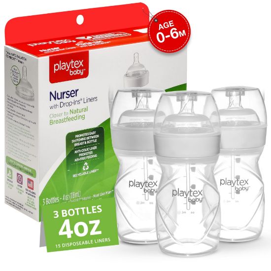 Picture of Playtex Baby Anti-Colic Baby Bottles with Drop-Ins® Liners - Newborn Baby Essentials, 4 oz Bottles, 3-Pack