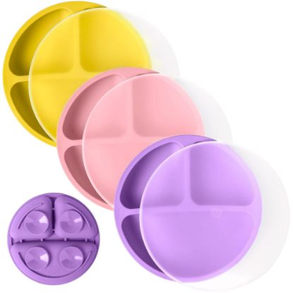 Picture of WeeSprout Suction Plates with Lids for Babies & Toddlers - 100% Silicone, Dinnerware Stays Put, Divided Design for Picky Eaters, Microwave & Dishwasher Friendly, 3 Pack