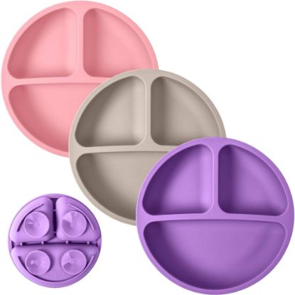 Picture of WeeSprout Suction Plates for Babies & Toddlers - 100% Silicone, Dinnerware Stays Put, Divided Design for Picky Eaters, Microwave & Dishwasher Friendly, 3 Pack