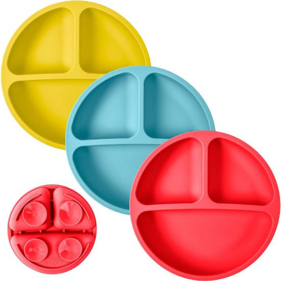 Picture of WeeSprout Suction Plates for Babies & Toddlers - 100% Silicone, Dinnerware Stays Put, Divided Design for Picky Eaters, Microwave & Dishwasher Friendly, 3 Pack