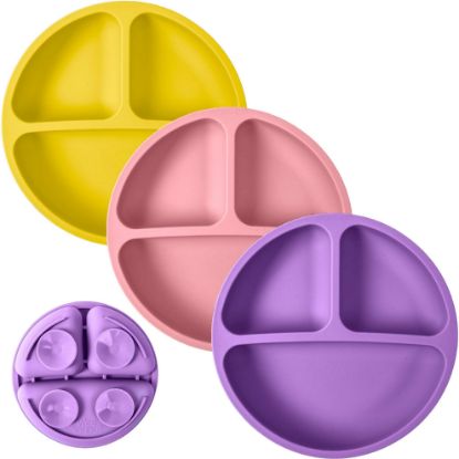 Picture of WeeSprout Suction Plates for Babies & Toddlers - 100% Silicone, Dinnerware Stays Put, Divided Design for Picky Eaters, Microwave & Dishwasher Friendly, 3 Pack