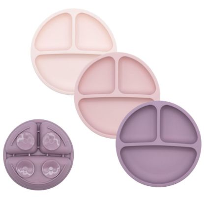 Picture of WeeSprout Suction Plates for Babies & Toddlers - 100% Silicone, Dinnerware Stays Put, Divided Design for Picky Eaters, Microwave & Dishwasher Friendly, 3 Pack (Matte Pink, Purple & Blush Pink)
