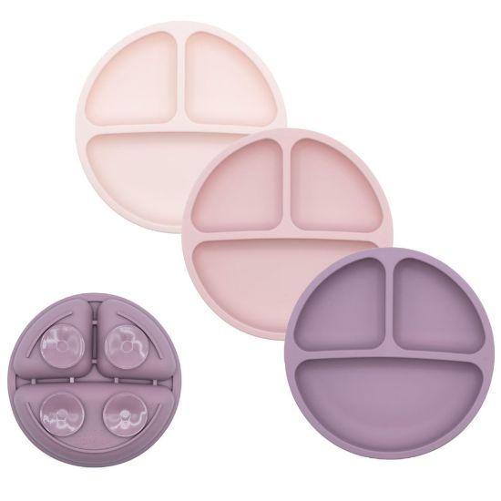 Picture of WeeSprout Suction Plates for Babies & Toddlers - 100% Silicone, Dinnerware Stays Put, Divided Design for Picky Eaters, Microwave & Dishwasher Friendly, 3 Pack (Matte Pink, Purple & Blush Pink)
