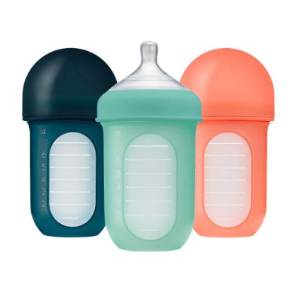 Picture of Boon Nursh Reusable Silicone Pouch Baby Bottles - Medium Flow Nipple - Silicone Baby Bottle Pouch and Nipple - Baby Feeding Essentials - Mint - 3-6 Months - 3 Count - 8 Ounce