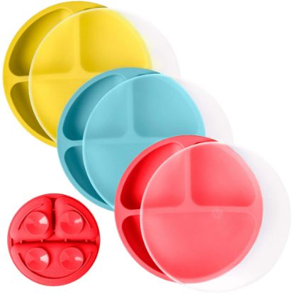 Picture of WeeSprout Suction Plates with Lids for Babies & Toddlers - 100% Silicone, Dinnerware Stays Put, Divided Design for Picky Eaters, Microwave & Dishwasher Friendly, 3 Pack