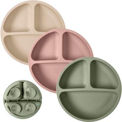 Picture of WeeSprout Suction Plates for Babies & Toddlers - 100% Silicone, Dinnerware Stays Put, Divided Design for Picky Eaters, Microwave & Dishwasher Friendly, 3 Pack