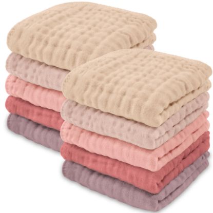 Picture of Comfy Cubs Muslin Baby Washcloths 10 Pack - Soft 6-Layer Cotton Wash Cloths for Sensitive Skin - 10"x10" Large, Gentle, Absorbent Infant Essentials for Newborn and Toddlers - (Multi Girl)