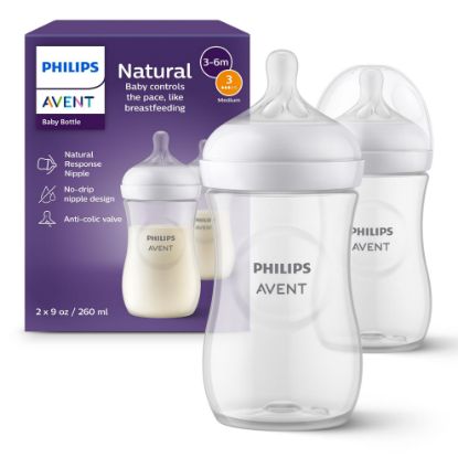 Picture of Philips Avent Natural Baby Bottles with Natural Response Nipples (Medium Flow, Flow 3), 9oz, 2-Pack, SCY903/02