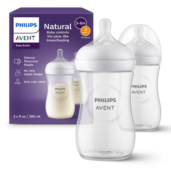 Picture of Philips Avent Natural Baby Bottles with Natural Response Nipples (Medium Flow, Flow 3), 9oz, 2-Pack, SCY903/02