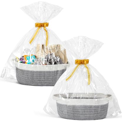 Picture of 2 Pack Small Woven Basket with Gift Bags and Ribbons, Empty Decorative Gift Chest Box, Cute Baby Gift Basket for Nursery, Cotton Rope Room Shelf Storage Basket with Handles, All 12"x 8"x 5", Gray