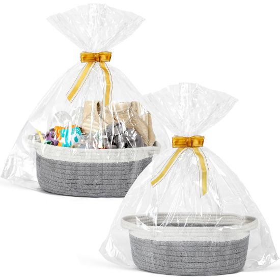 Picture of 2 Pack Small Woven Basket with Gift Bags and Ribbons, Empty Decorative Gift Chest Box, Cute Baby Gift Basket for Nursery, Cotton Rope Room Shelf Storage Basket with Handles, All 12"x 8"x 5", Gray