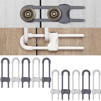 Picture of Jetec 10 Pieces Cabinet Locks for Babies, U-Shaped Proofing Drawers Safety Child Locks Adjustable, Easy to Use Childproof Latch for Knob Handle on Kitchen Door Storage Cupboard Closet (Gray, White)
