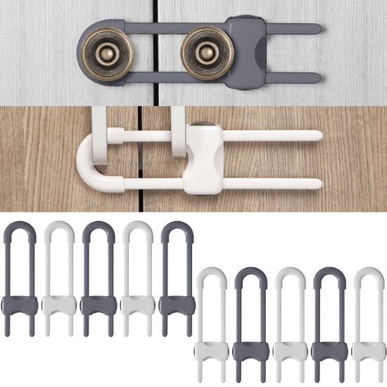 Picture of Jetec 10 Pieces Cabinet Locks for Babies, U-Shaped Proofing Drawers Safety Child Locks Adjustable, Easy to Use Childproof Latch for Knob Handle on Kitchen Door Storage Cupboard Closet (Gray, White)