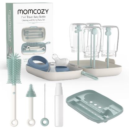 Picture of Momcozy Bottle Brush Set - Baby Bottle Cleaner Kit with Silicone Brush, Nipple Brush, Straw Brush, Soap Dispenser, Drying Rack - 7 in 1 Bottle Cleaning Tool for Home and Travel, Green