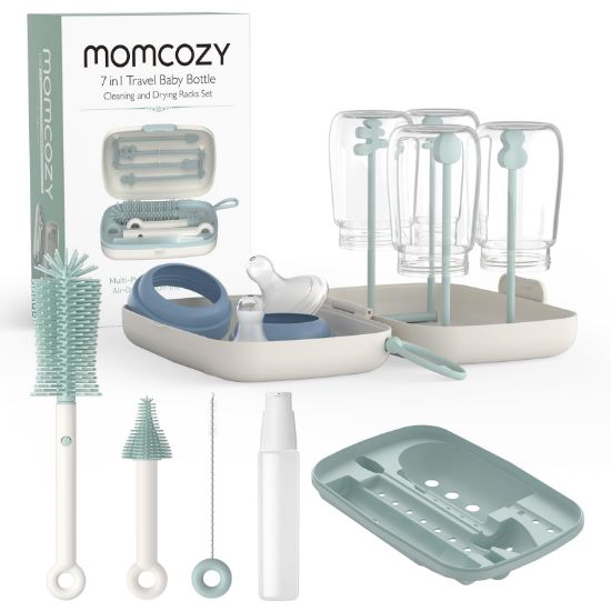Picture of Momcozy Bottle Brush Set - Baby Bottle Cleaner Kit with Silicone Brush, Nipple Brush, Straw Brush, Soap Dispenser, Drying Rack - 7 in 1 Bottle Cleaning Tool for Home and Travel, Green