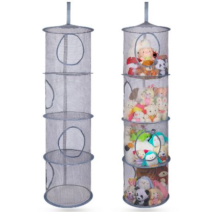 Picture of Basumee Stuffed Animals Net or Hammock 2 Pcs Stuffed Animals Storage Toy Net Hammock for Stuffed Animals Organizer Mesh Hammock Kids Girls Room Decor, Gray, 4 Tiers