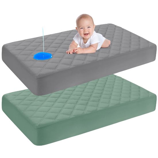 Picture of Yoofoss Waterproof Crib Mattress Protector 2 Pack, Quilted Crib Mattress Pad Cover Ultra Soft and Breathable, Machine Washable Toddler Mattress Protector for Standard Baby Crib Size 52''x28''