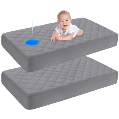 Picture of Yoofoss Waterproof Crib Mattress Protector 2 Pack, Quilted Crib Mattress Pad Cover Ultra Soft and Breathable, Machine Washable Toddler Mattress Protector for Standard Baby Crib Size 52''x28''